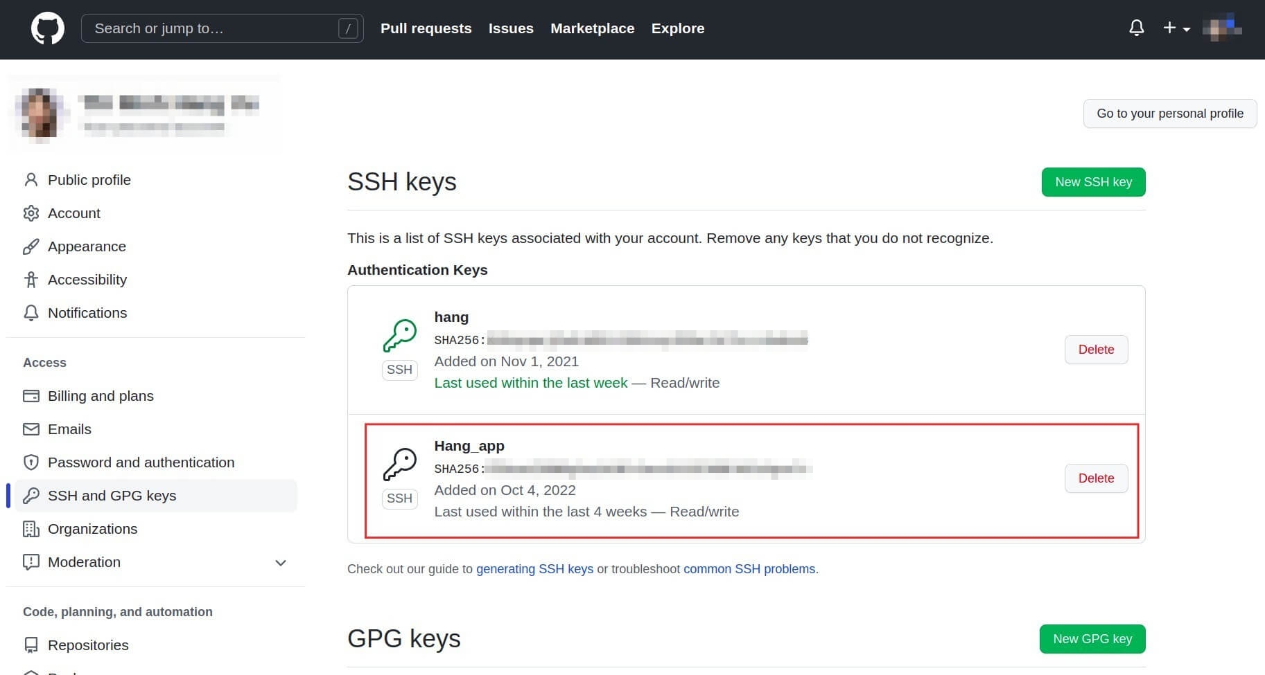 SSH Key đã tạo trên GitHub