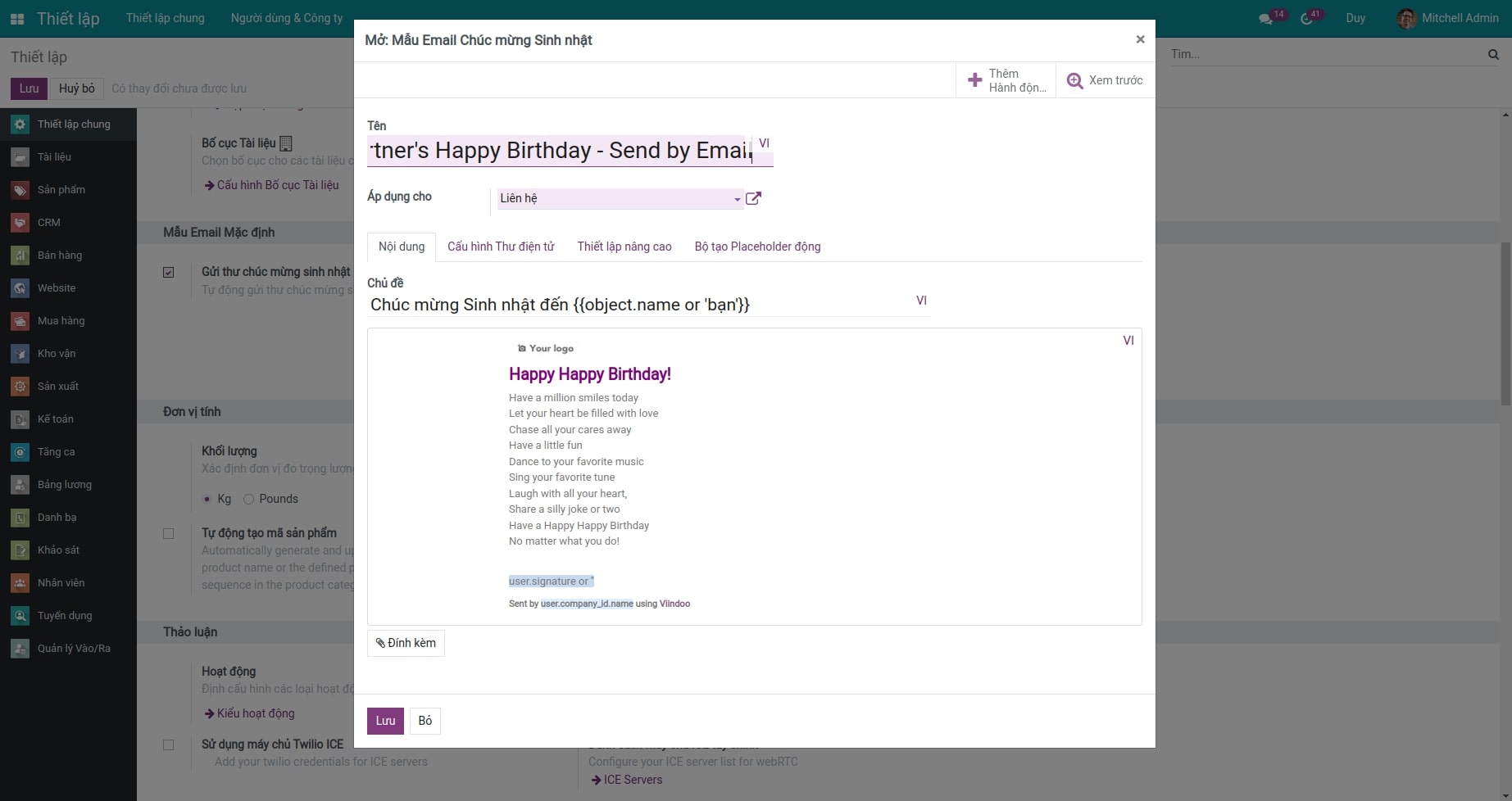 Cấu hình mẫu mail chức mừng sinh nhật