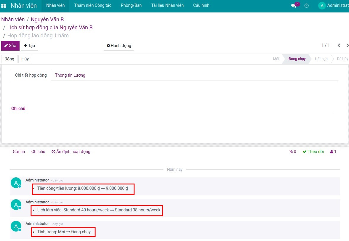 Ghi nhận sự thay đổi thông tin trên hợp đồng lao động.